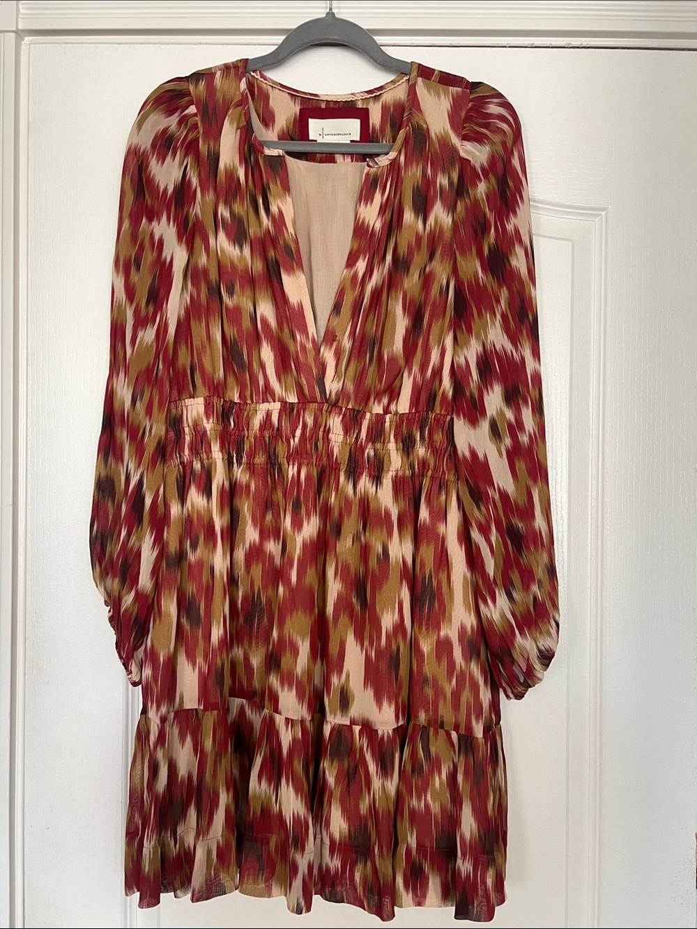 Long-Sleeve Tiered V-Neck Dress in Red and Cream Ikat